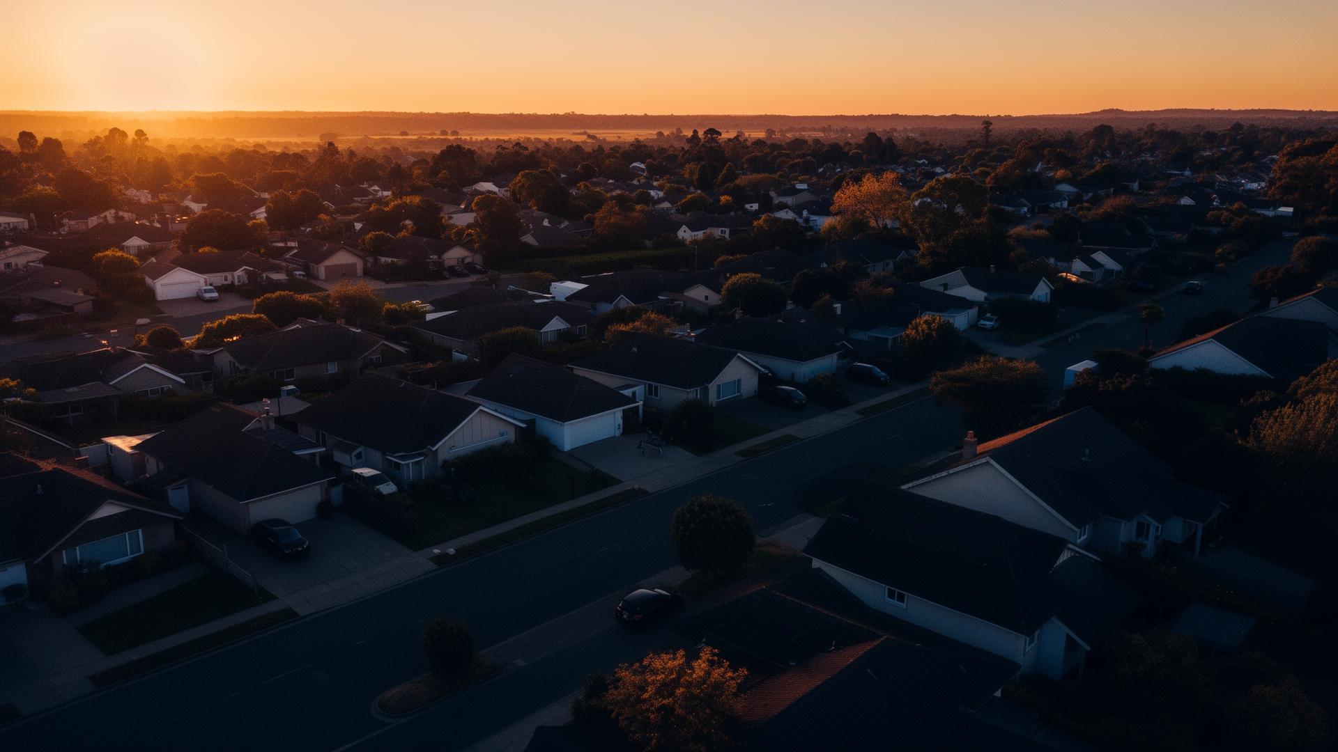 Aerial view of a suburban neighborhood at golden hour